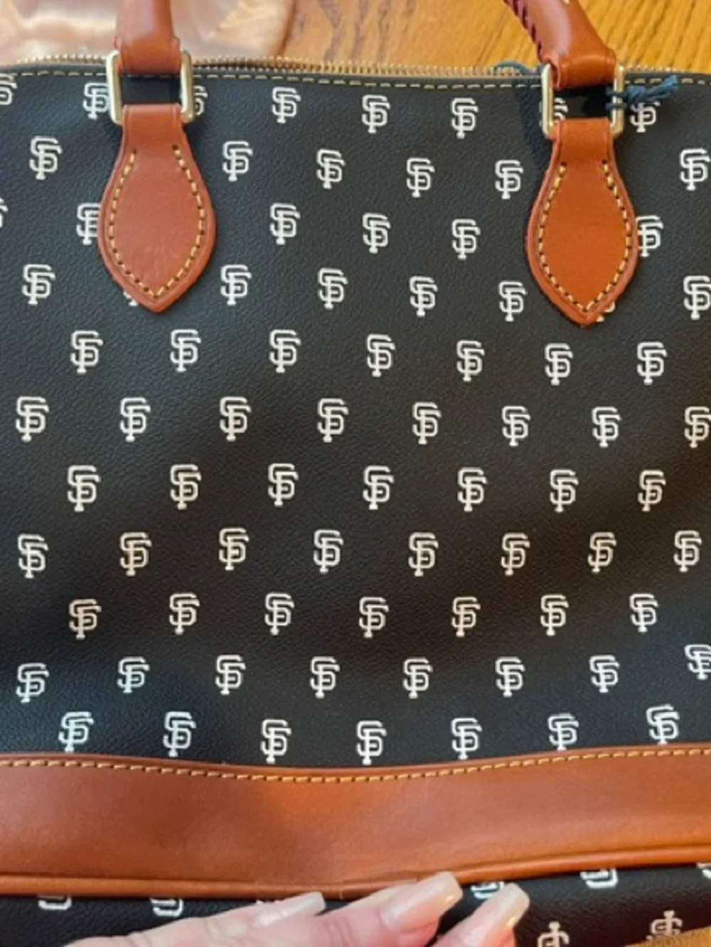 Dooney & Bourke Black/Blue SF Monogram Satchel with Brown Trim